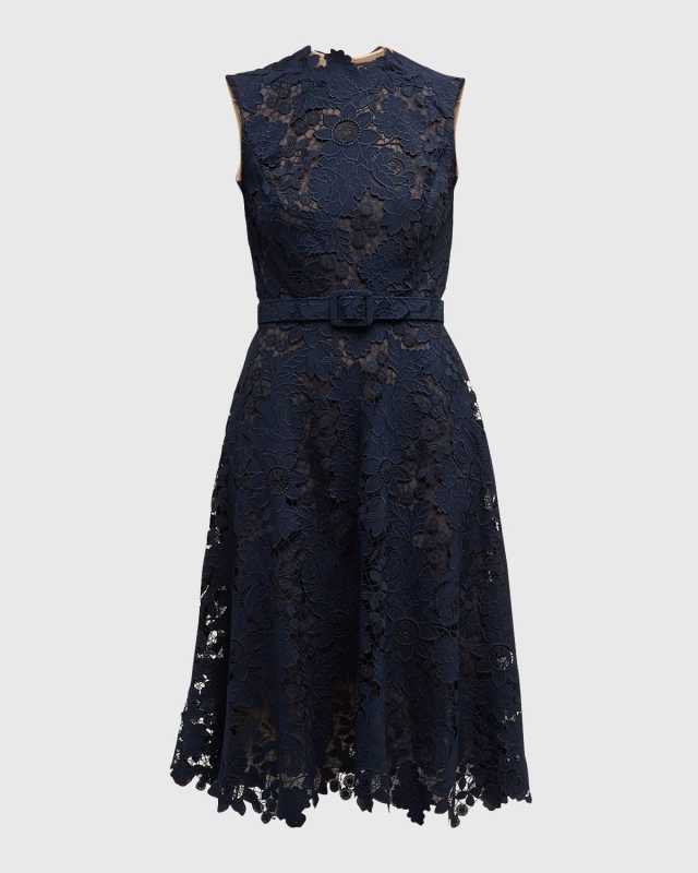 Mixed Botanical Guipure Sleeveless Belted Dress